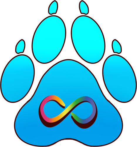 image of a cyan paw with a rainbow infinity sign on it